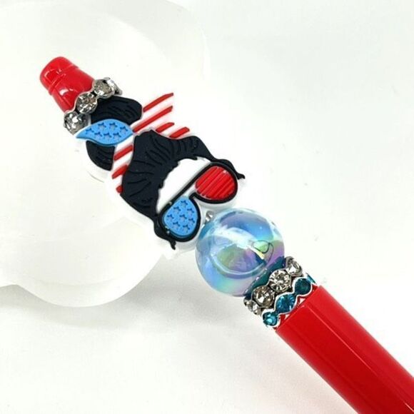Rockabilly patriotic USA mom handmade pen NEW beads rhinestone bling red white c - Picture 2 of 5